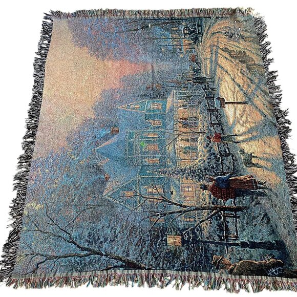 Thomas Kinkade Tapestry Winter Scene Afghan Throw Blanket Colorful Cotton Fringe - Picture 1 of 7